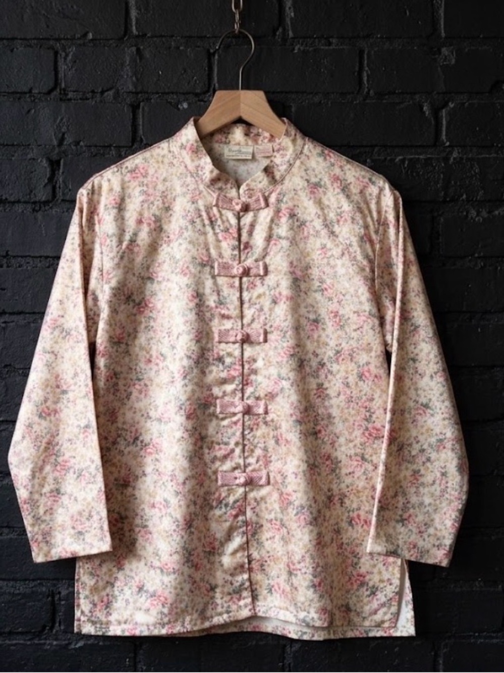 Vintage Satin Floral Mandarin-Collar Sleep Shirt